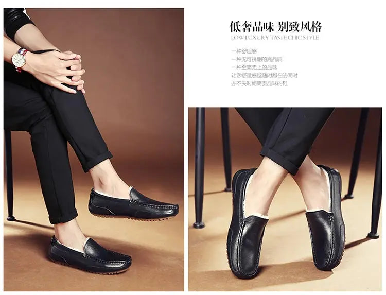 Winter Fur Loafers Men Casual Shoes Cotton Leather Dress Shoes Slip-on Flats Plush Man Moccasins Fleece Lined Driving Shoes