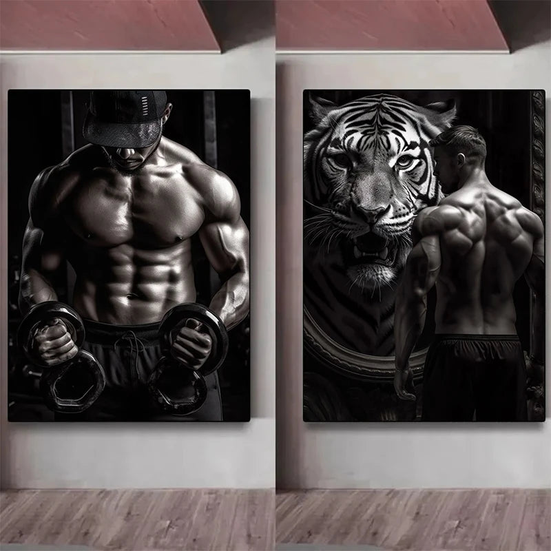 Gym Motivation Muscle Man with Tiger Bodybuilding Fitness Art Poster Canvas Painting Wall Print Picture for Home Gym Decor - Sun Studio