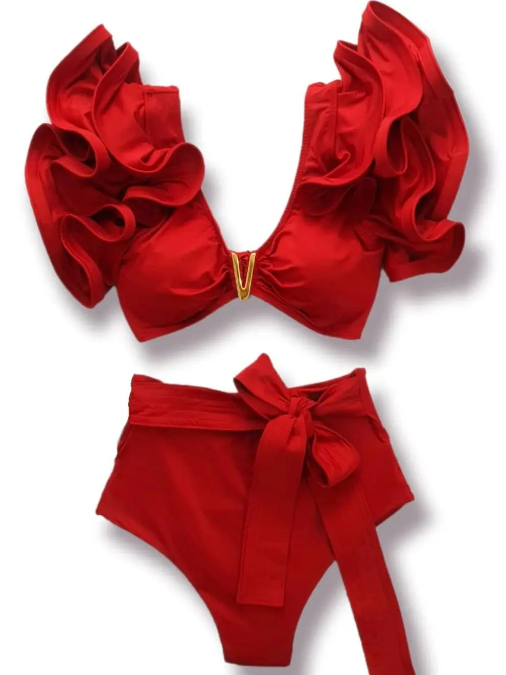 Floral Ruffled Hem Bikini Set Women Flora V-Neck High-Waisted Two Piece Swimsuit 2025 Girl Beach Bathing Suit Swimwear Biquinis - Sun Studio