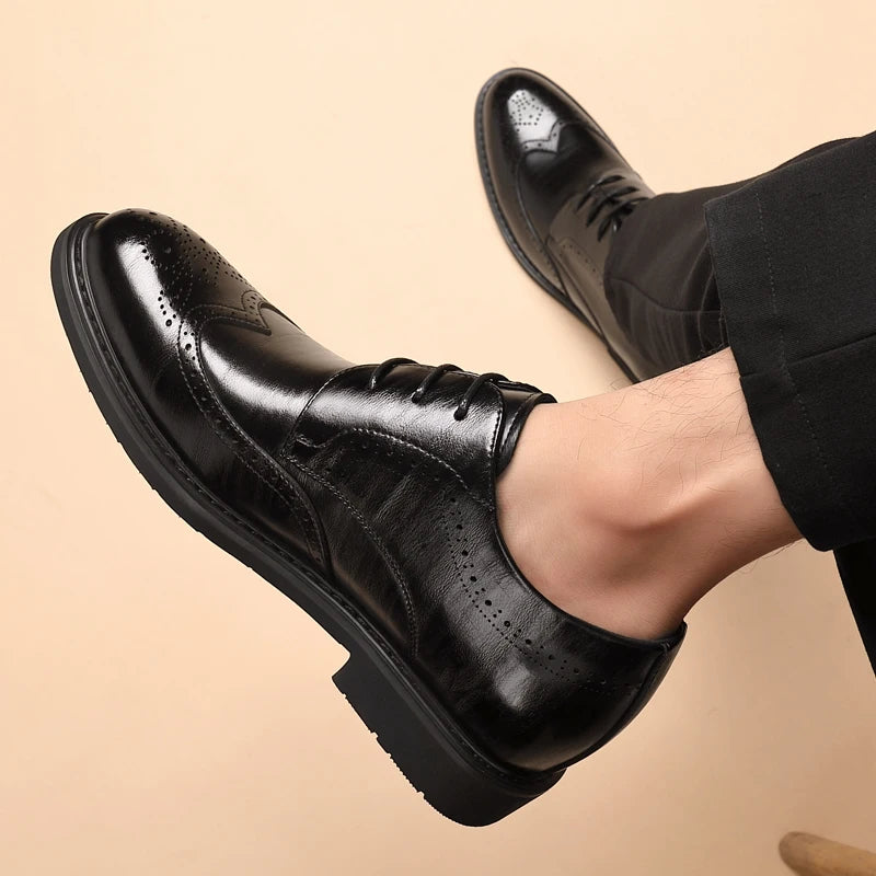 Men's Dress Brogues Elevator Shoes Platform Breathable Casual Business Luxury Genuine Leather Heightening Shoes 6 8CM Taller Man - Sun Studio