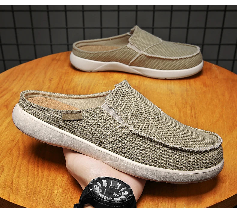 Casual Slip on Mens Shoes Outdoor Walking Comfortable Canvas Slippers Korean Trend Baotou Half Drag Slides Zapatillas Hombre
