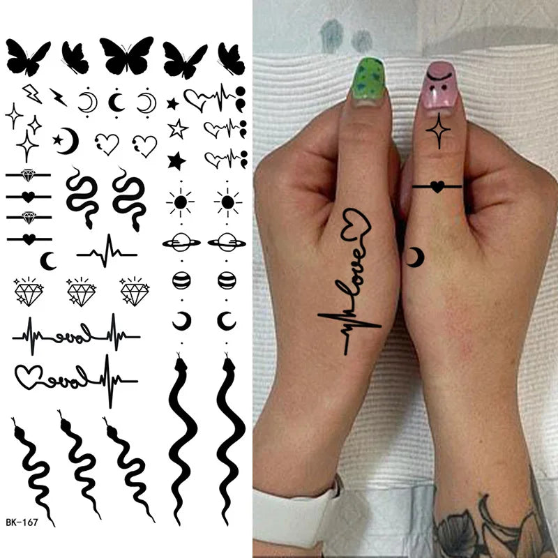 Black White Temporary Transfer Tattoos Floral Butterfly Lettering Line Art Waterproof Body Stickers for Music Festival Party