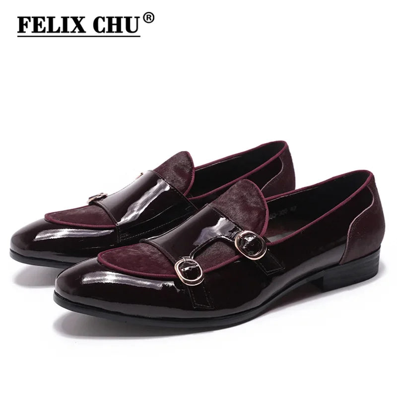 FELIX CHU Men's Patent Leather Monk Strap Dress Shoes Wedding Loafers Horse Hair Detail Casual Formal Party Gentlemen Footwear - Sun Studio