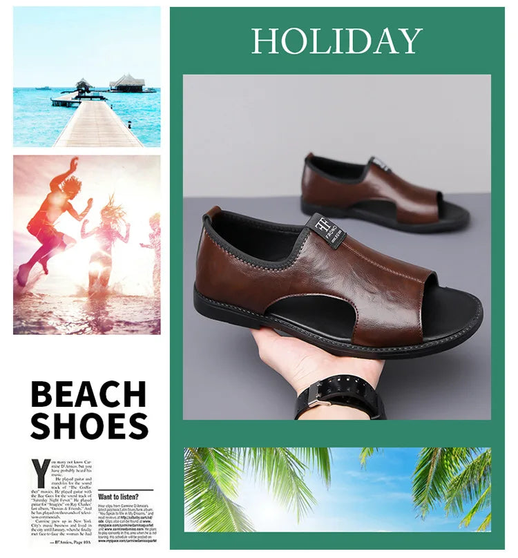 Sandals for Men Brand Casual Shoes Outdoor 2025 New Men's Slippers Comfortable Beach Shoes High Quality Leather Men Flat Sandals - Sun Studio