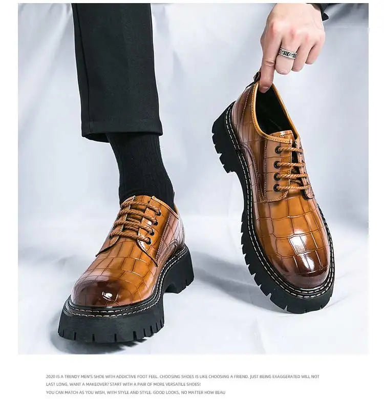 New Black Men Shoes Lace-up  Round Toe Stone Pattern Brown Gray Men Dress Shoes Size 38-46 - Sun Studio