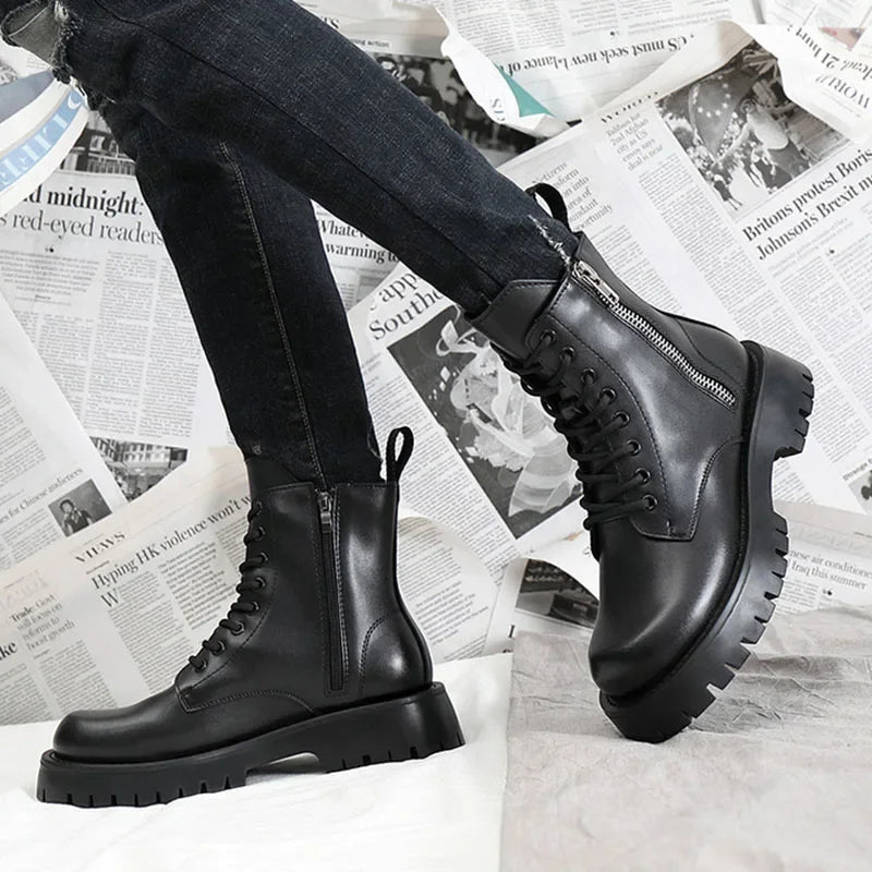 2025 Autumn Winter Shoes Men Leather Boots Thick Sole Non-slip Warm Plush Cold Winter Cow Leather Male Ankle Botas Black KA4867 - Sun Studio