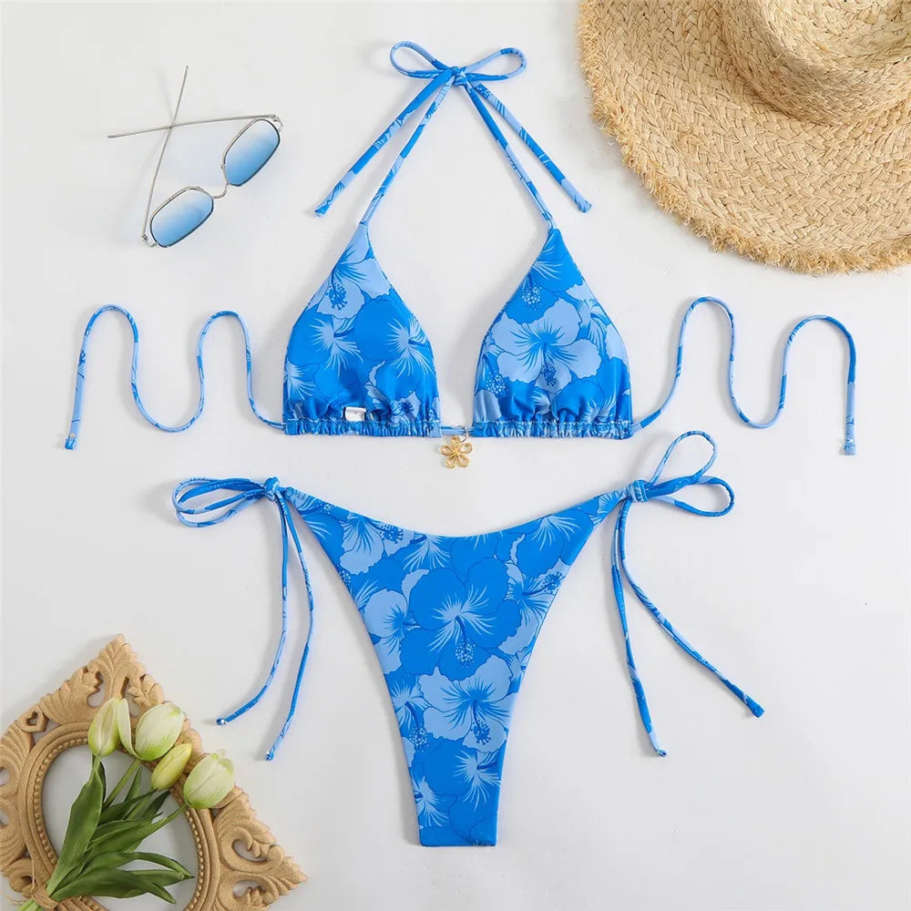 Blue Floral Print Swimwear Halter String Triangle Bikini Micro Mini Thong Sexy Swimsuit Women 2026 Bather Biquinis Bikinis Sets - Sun Studio