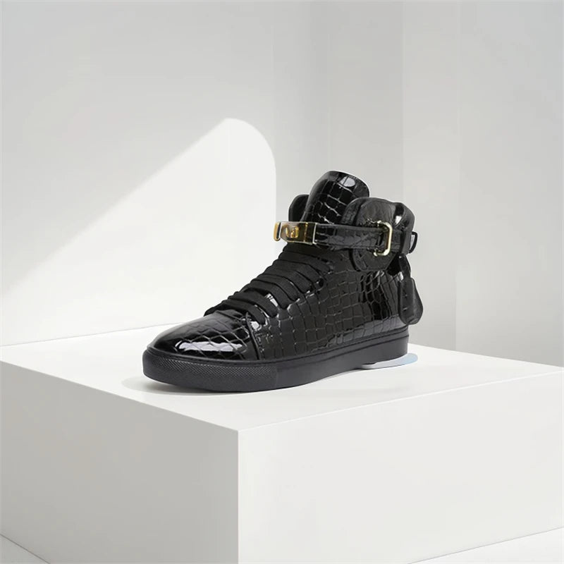 High-Top Sneakers Men Embossed Metal Lock Lace Red Metal Cow Leather Fashion Platform Casual Shoes High Quality - Sun Studio
