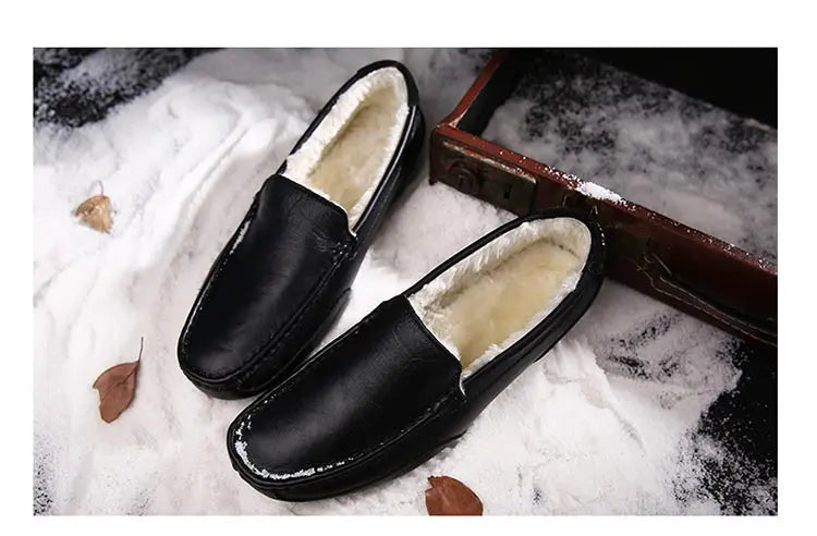 Winter Fur Loafers Men Casual Shoes Cotton Leather Dress Shoes Slip-on Flats Plush Man Moccasins Fleece Lined Driving Shoes