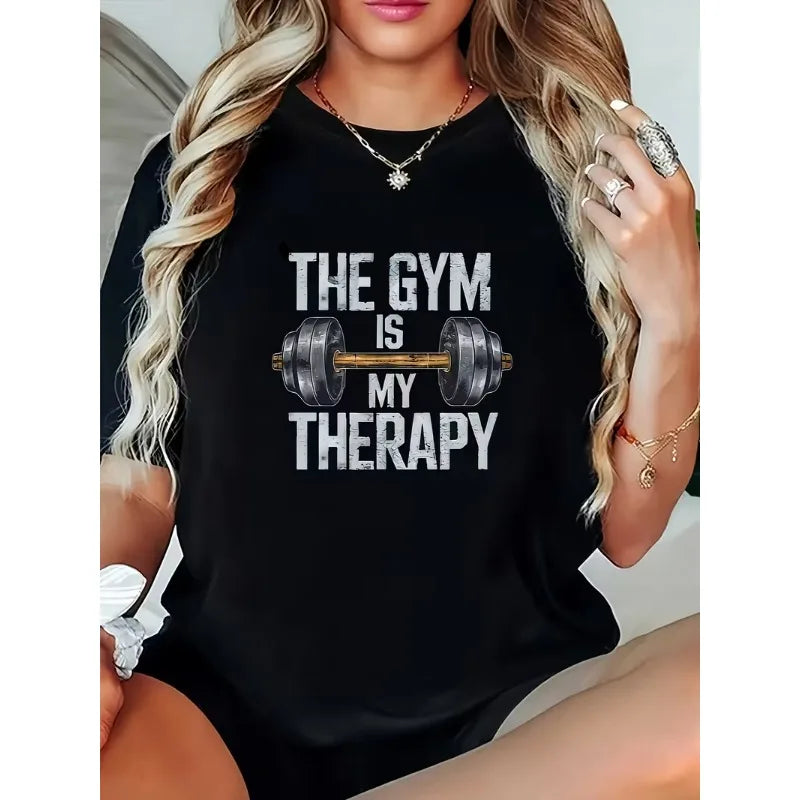 The Gym Is My Therapy Graphic T-Shirt Dumbbell Weightlifting Print Soft Casual Short Sleeve Women Daily Basic Top - Sun Studio
