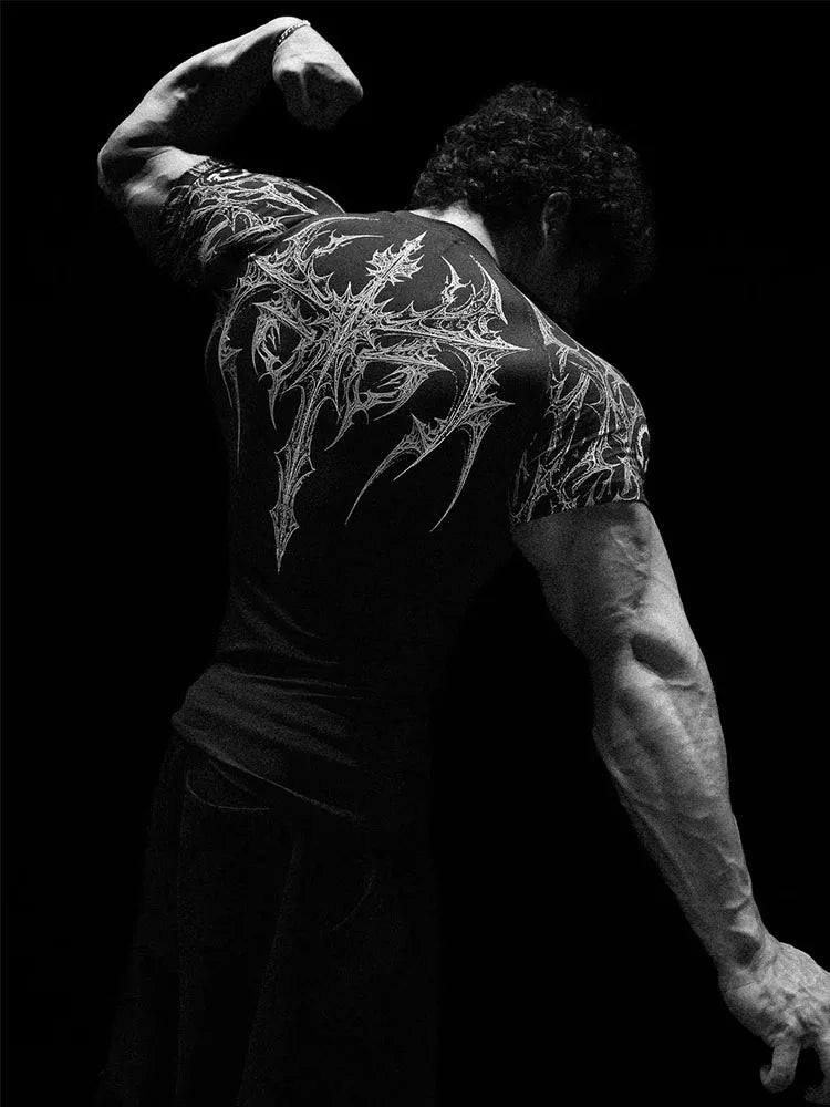 GYM T-shirt Men's Dark Gothic Print Muscle Tee  High Elasticity And Quick Drying Exercise For Bodybuilding Training 2026 Summer - Sun Studio