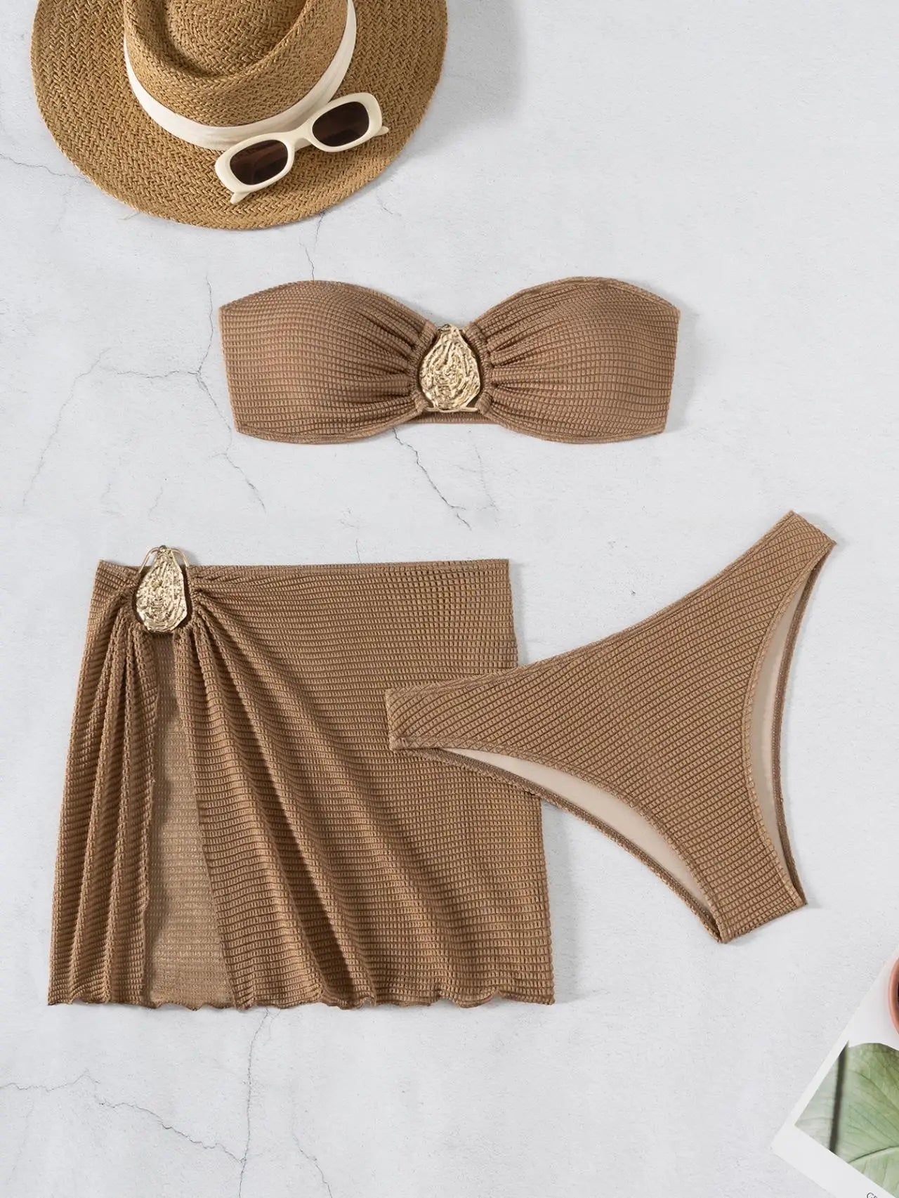 Sexy Bandeau Bikini Women Coffee Metal Water Droplet Ornament Push Up Mesh Skirt 3 Piece Swimsuit Beach Bathing Suit Swimwear - Sun Studio