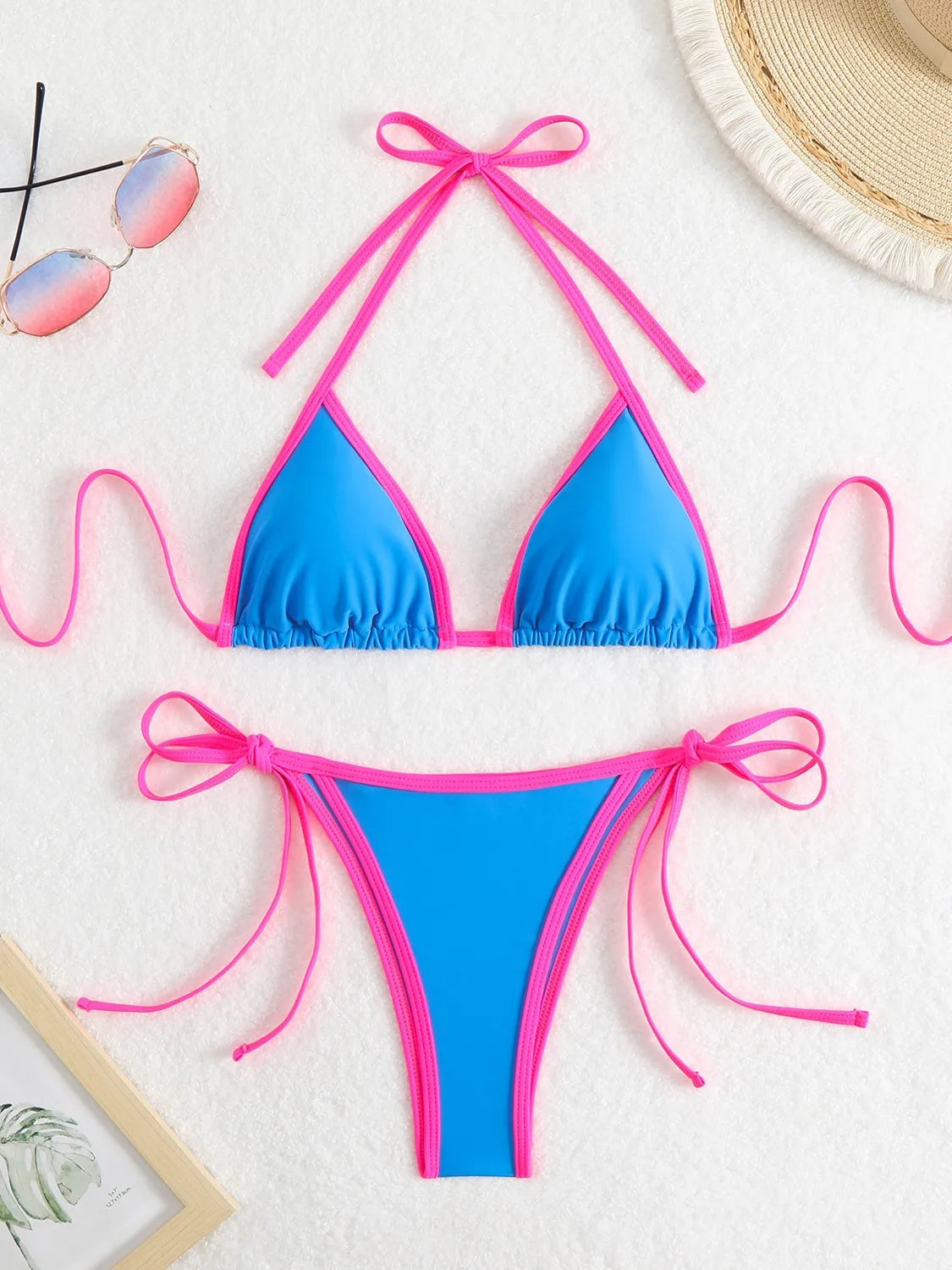 Sexy Micro Bikini 2025 Women Pink Blue Contrast Push Up Tie Side Thong Swimsuit Brazilian Beach Bandage Bathing Suit Swimwear - Sun Studio