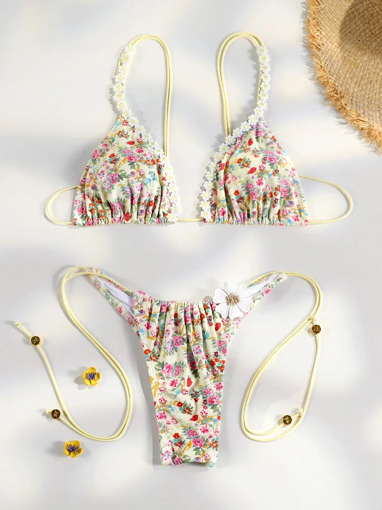 Sexy Triangle Mini Bikini Sets Micro Thongs Swimsuit Women Bathing Suit Biquini Bandage Beachwear Print Swimwear Thong Bikini - Sun Studio
