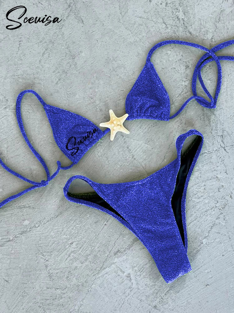 2024 New Sexy Low Waisted Bikini Set Swimsuit Starfish Swimwear Women Solid Strappy Beachwear Bathing Suits Brazilian biquini - Sun Studio