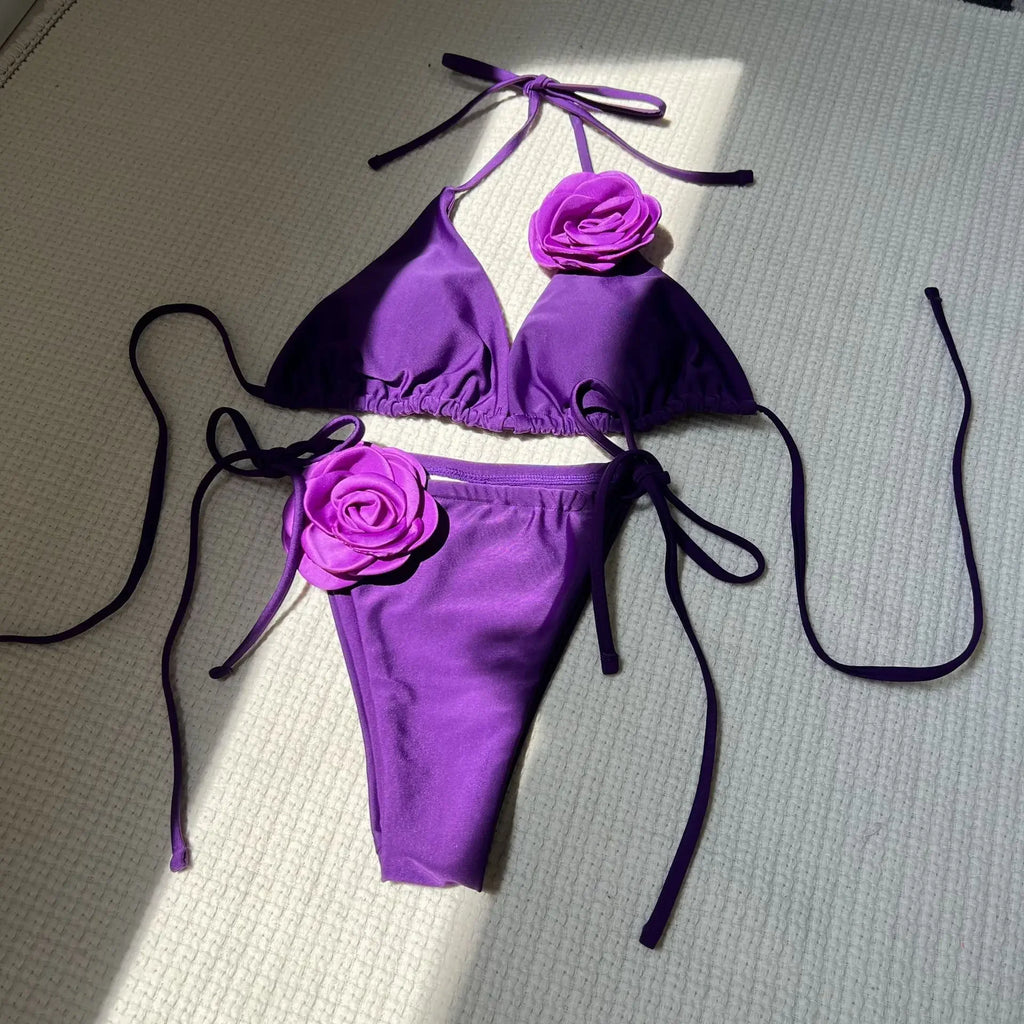 Sexy 3D Flower Black Triangle Bikinis Sets Micro Thong Swimsuit Women String Halter Bathing Suit Bikini 2025 Mujer Biquinis Swim - Sun Studio