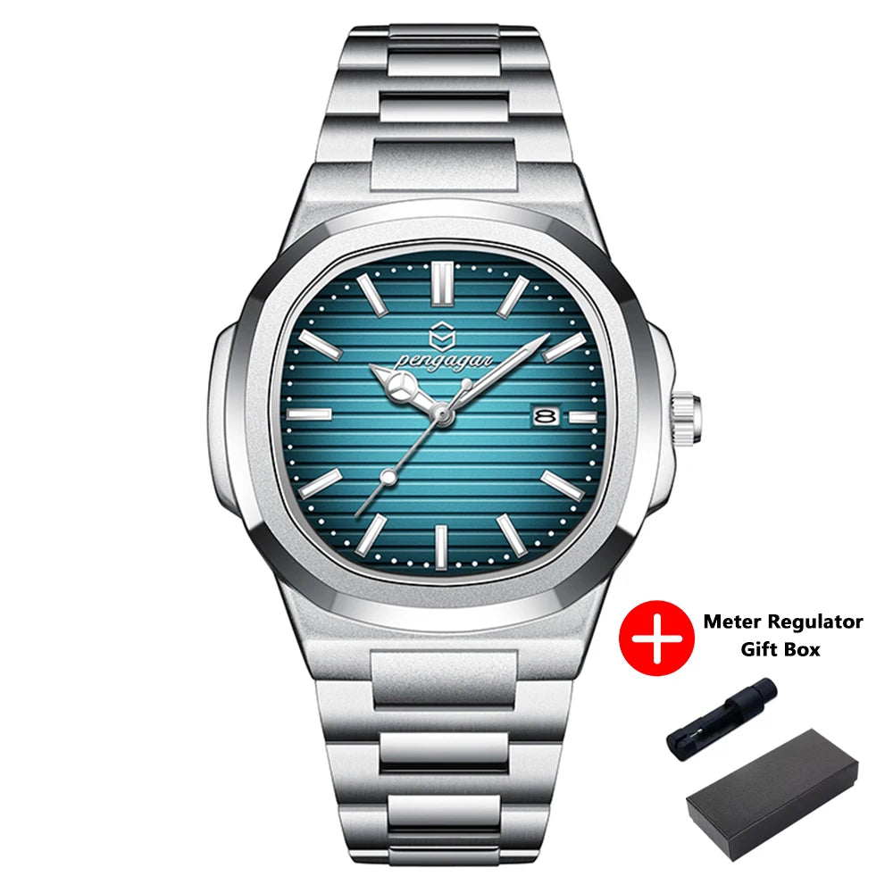 PENGAGAR Luxury Square Fashion Man Wristwatch Waterproof Luminous Date Week Quartz Men's Watches Stainless Steel Men Watch Reloj - Sun Studio