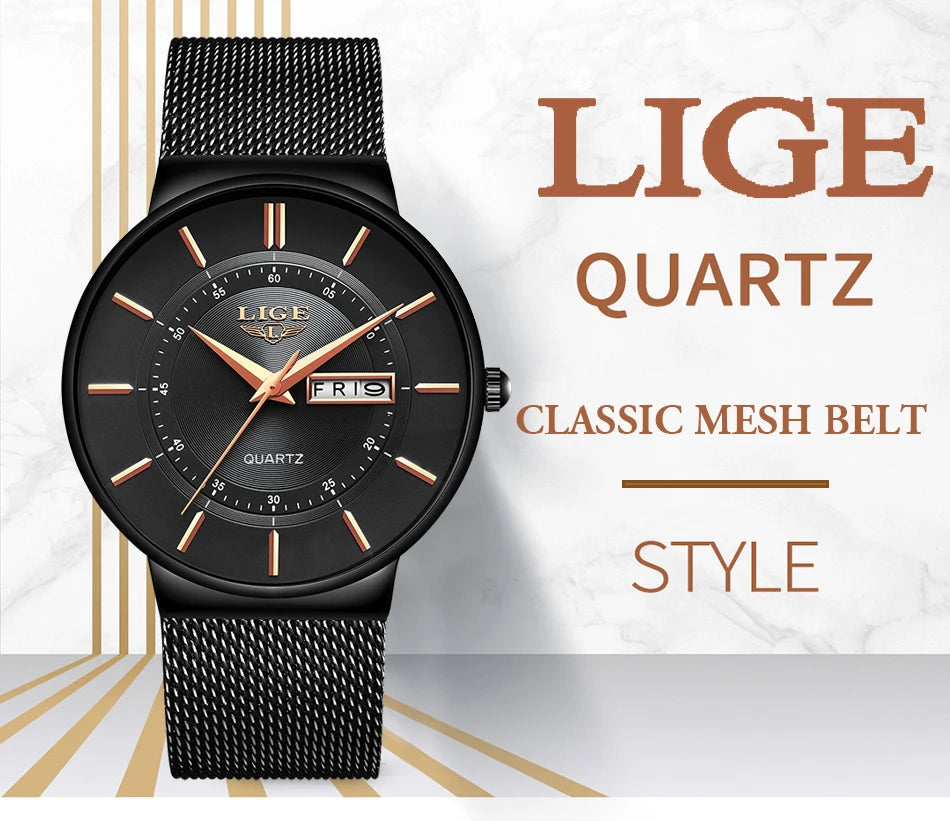 LIGE 2024 Luxury Men Watches Waterproof Ultra Thin Date Clock Male Steel Strap Casual Quartz Watch Men Sports Wrist Watch Man - Sun Studio