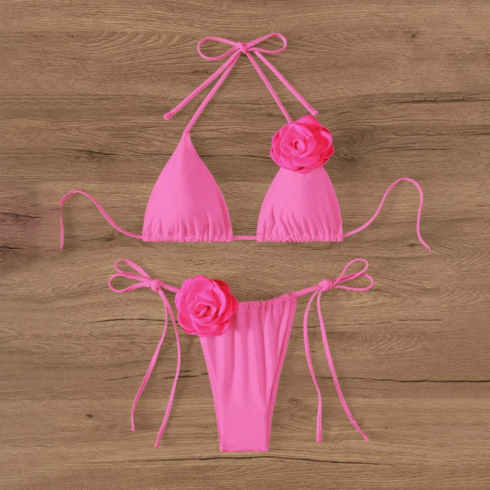 Sexy Bikini Swimsuit Suit 3D Flowers Halter Strappy Bikini Women Swimwear Female Swimsuit 2pcs Bikini Set Bather Bathing Suit - Sun Studio