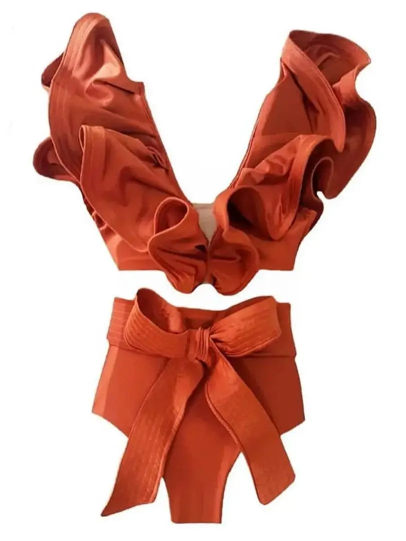 Floral Ruffled Hem Bikini Set Women Flora V-Neck High-Waisted Two Piece Swimsuit 2025 Girl Beach Bathing Suit Swimwear Biquinis - Sun Studio