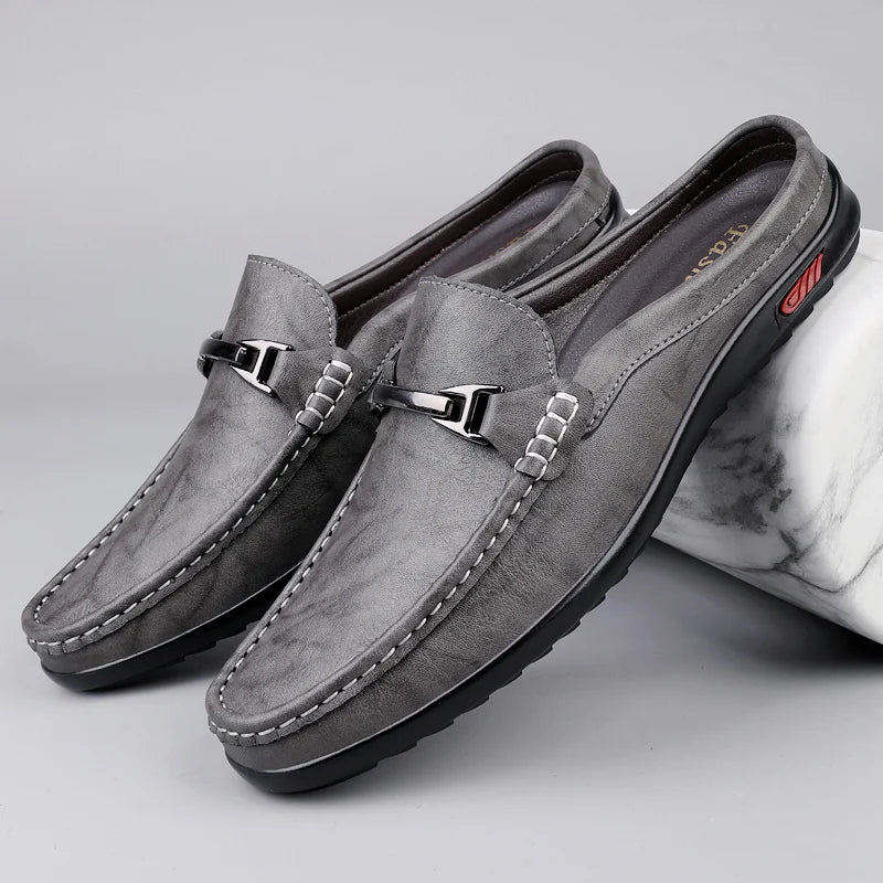 Luxury Men Genuine Leather Shoes Casual Business Men Slip-on Shoe All-Match Half Slippers Loafers Summer Handmade Flats Slippers - Sun Studio