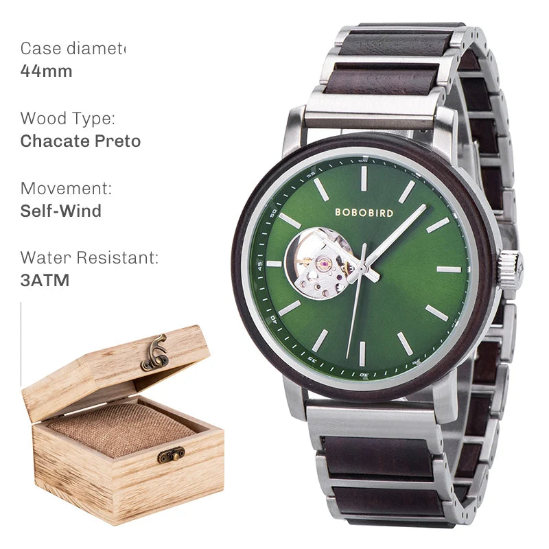BOBO BIRD New Mechanical Watches for Men Luxury Wood and Stainless Steel Skeleton Customized Automatic Watch relojes mecánicos - Sun Studio