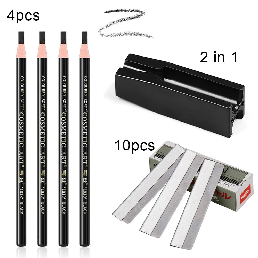 Eyebrow Pencil Microblading Supplies Set Waterproof Eyebrow Tattoo Tint Enhancers With Sharpener Brow 10Pcs Brow Trimmer Blade