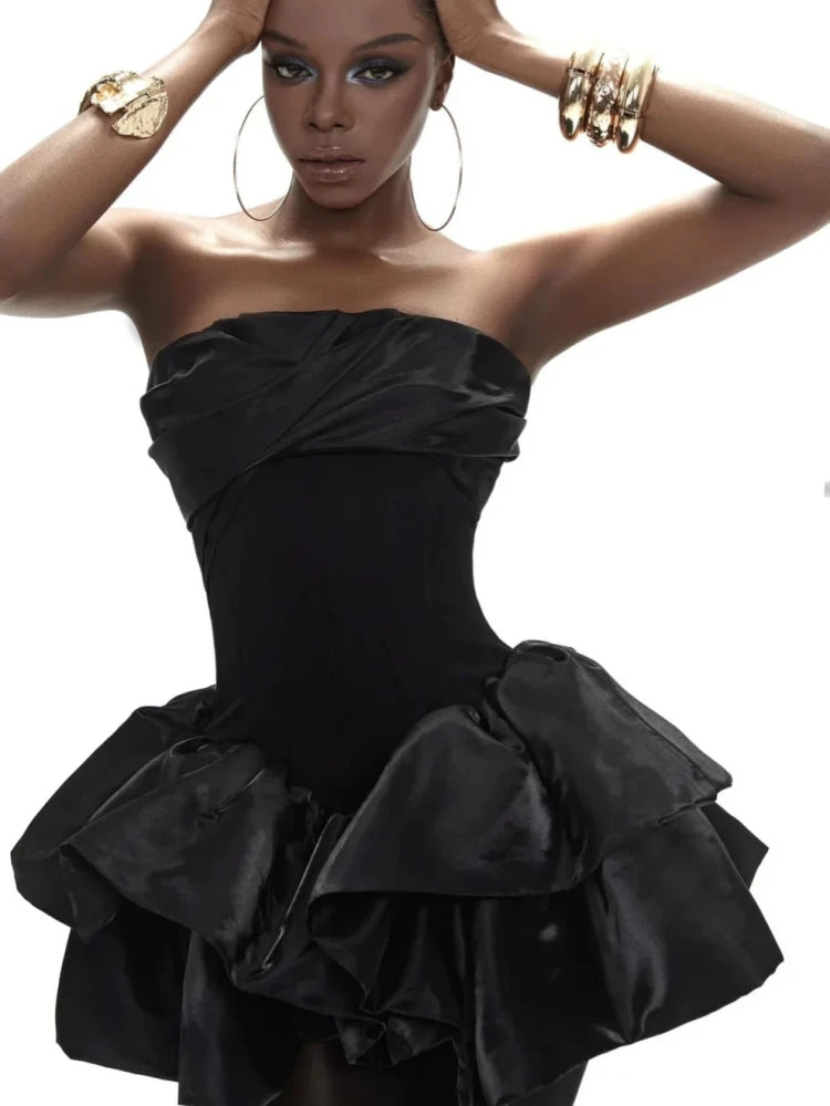 Sexy Strapless Ruffles Folds Patchwork Mini Dress Women White Black Sleeveless Irregular A-line Dresses Evening Party Cocktail - Sun Studio
