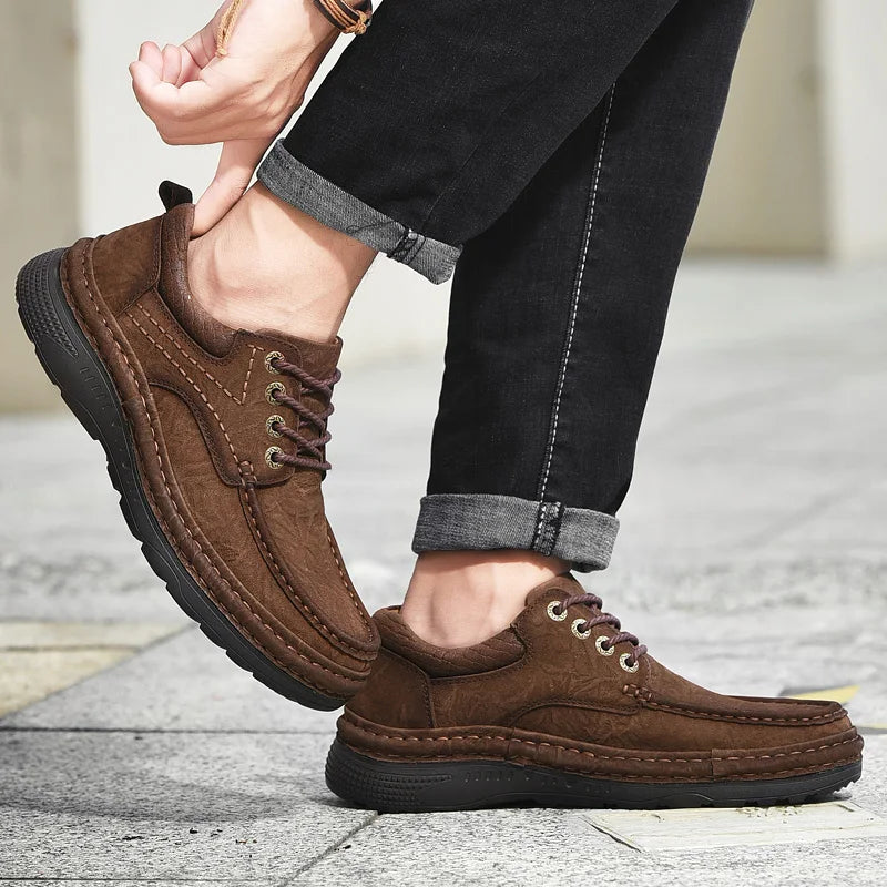Genuine Leather Mens Loafers Anti-slip Rubber Man Casual Shoes Vintage Style Walk Shoes Slip-On Hiking Footwear Luxury Moccasins - Sun Studio