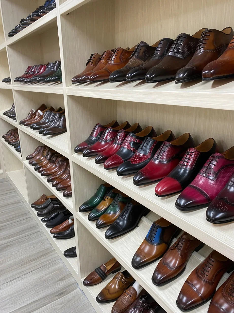 Men's Genuine Leather Oxfords Fashion Pointed Toe Wedding Party Dress Shoes Luxury Lace-Up Office Career Formal - Sun Studio