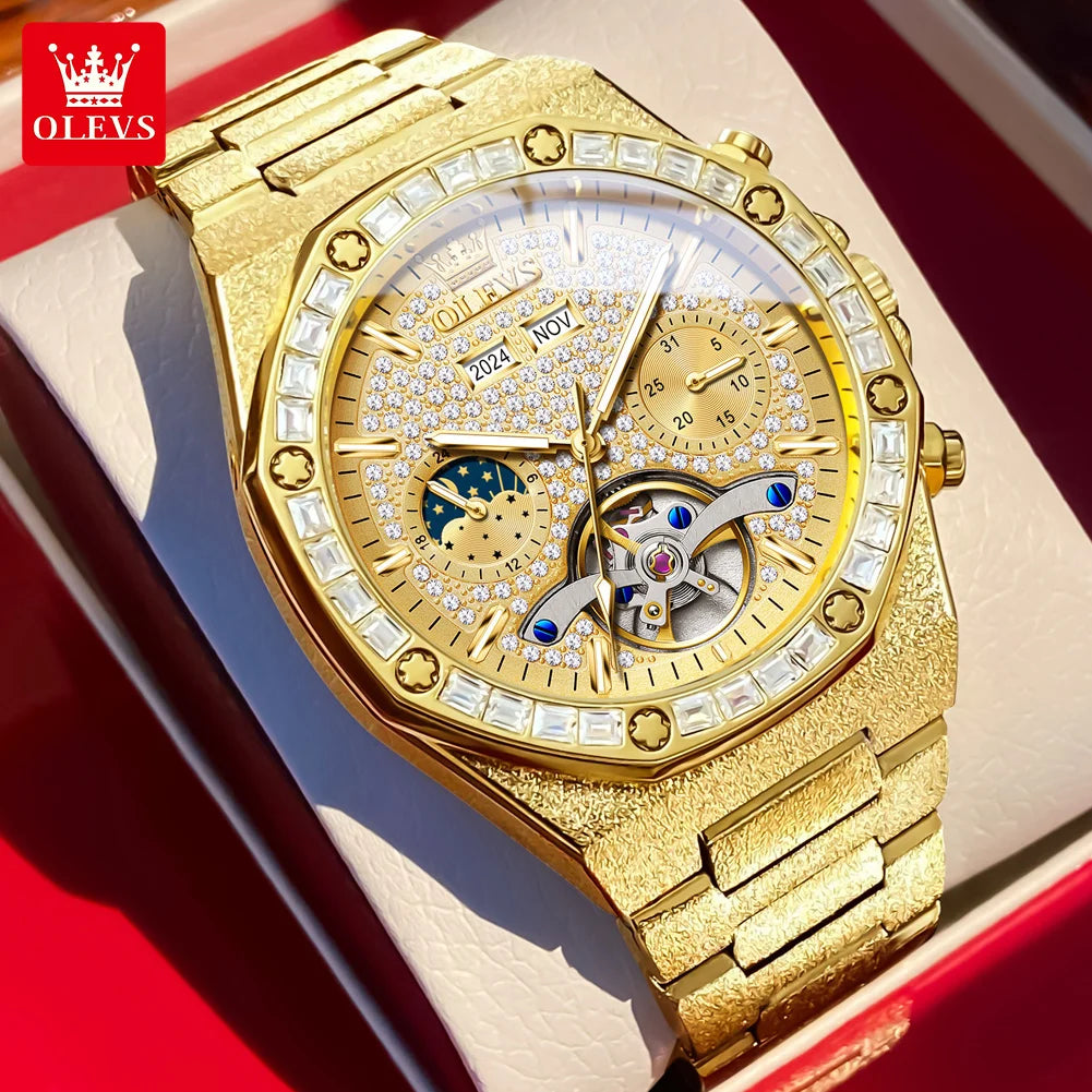 OLEVS Luxury Automatic Tourbillon Watch Men Fashion Gold Mechanical Watches Stainless Steel Waterproof Date Week Men's Watches - Sun Studio