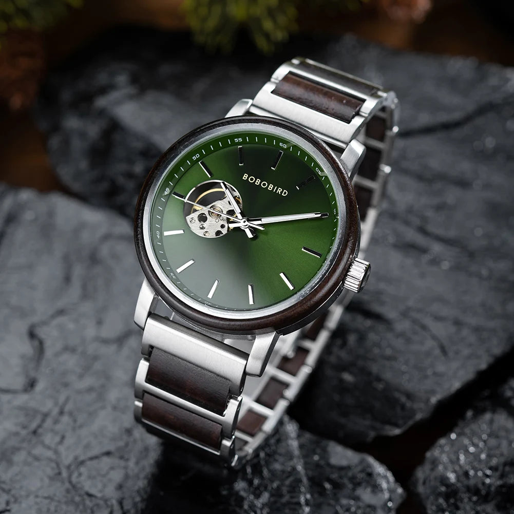 BOBO BIRD New Mechanical Watches for Men Luxury Wood and Stainless Steel Skeleton Customized Automatic Watch relojes mecánicos - Sun Studio