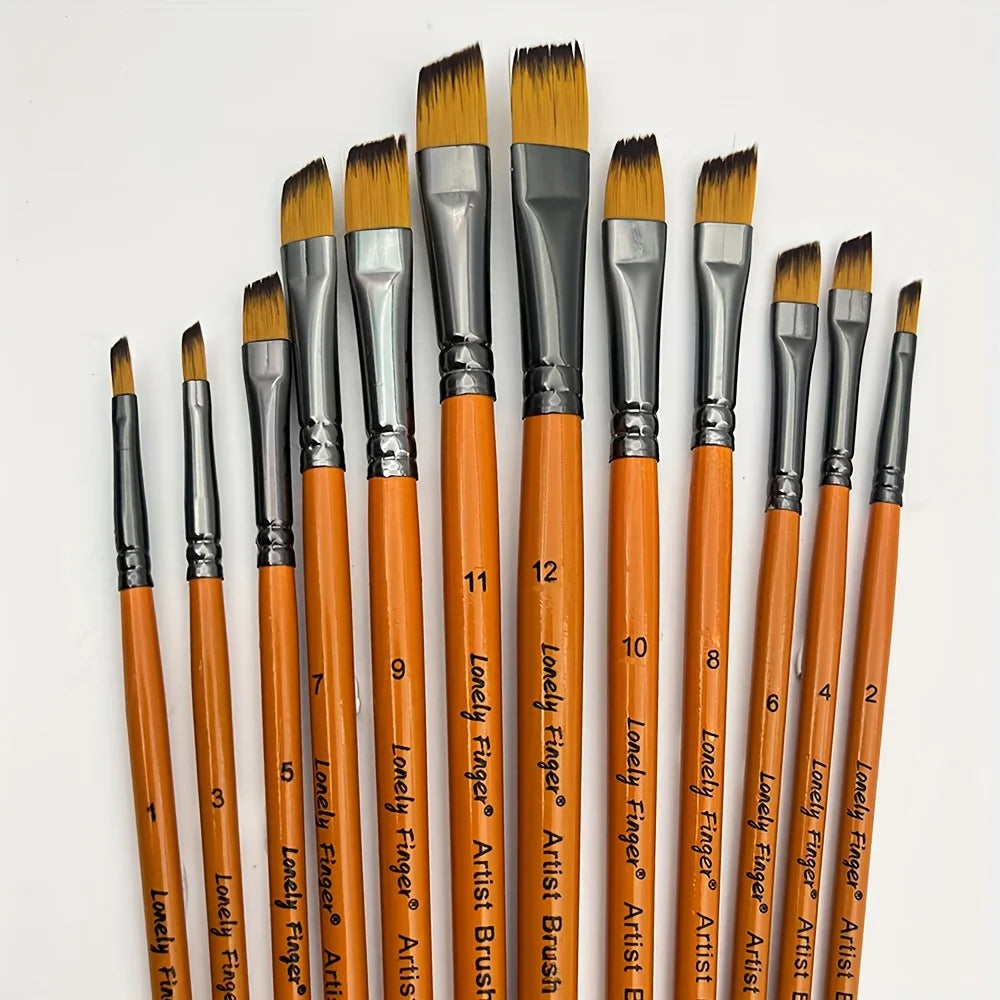 12pcs Premium Angular Paint Brushes - High-Quality Nylon Hair Angled Watercolor Brushes for Acrylics, Watercolors, Gouache - Sun Studio