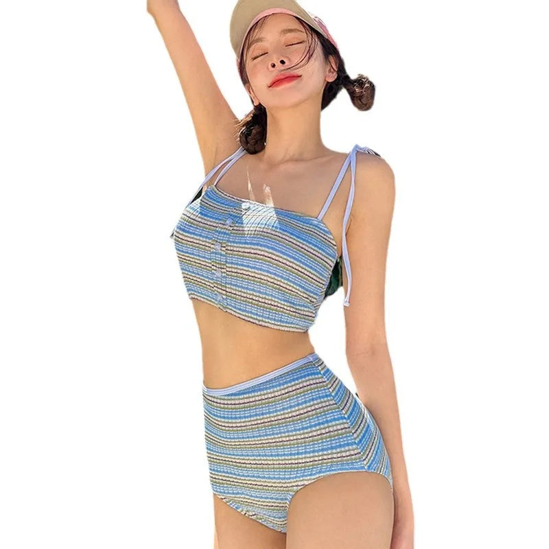 Sexy Korean Fashion Striped Bikinis Sets Two Pieces High Waist Swimsuit Push Up Swimwear Female Bandeau Beach Wear Bathing Suit - Sun Studio