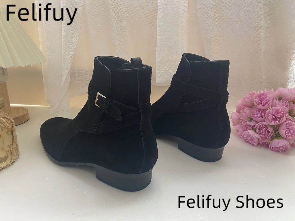 Black Pointed Toe Buckle Strap Ankle Boots Grey Men Hombre Genuine Leather Men Motorcycle Boots For Men Work High Top Men Shoes - Sun Studio