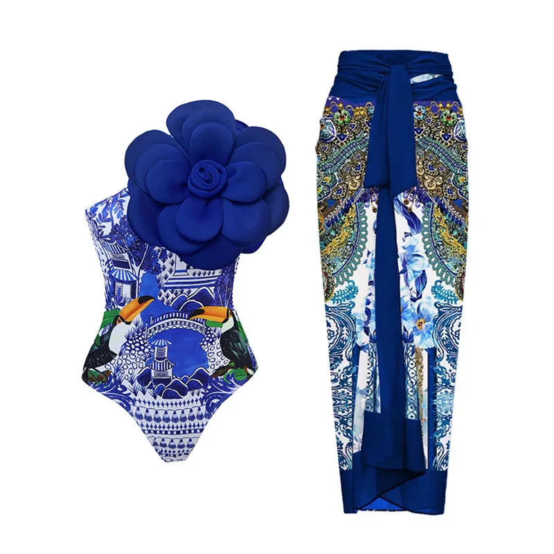 2024 Sexy Women's Swimsuit with Skirt One-Piece Swimwear Vintage Ruffle V Neck Cover Up Bikinis Set Beachwear Bathing Suit - Sun Studio