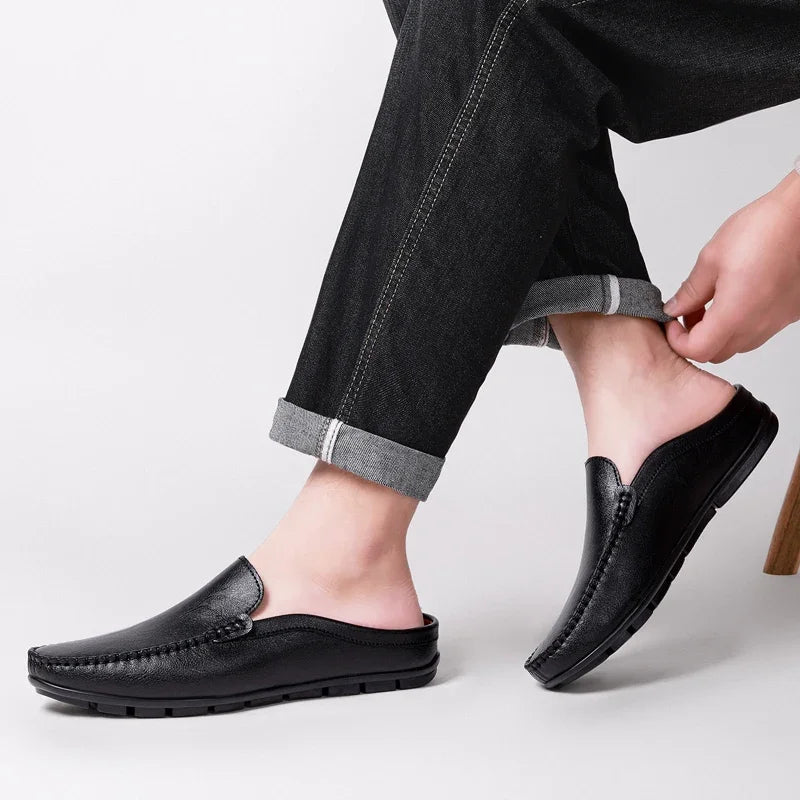 Half Shoes for Men Summer Mens Mules Perforated Leather Slippers Casual Slip-ons Loafers Flats Black Brown - Sun Studio
