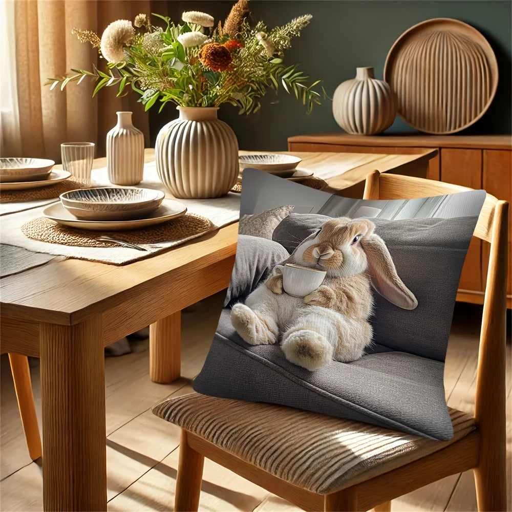 Adorable Bunny with Coffee Cup Print Pillowcase - Home Decor, Perfect for Living Room and Bedroom, Ideal Gift for Animal Lovers - Sun Studio