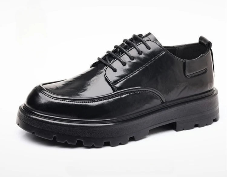 Round Toe Height Increasing Thick Sole Black Leather Shoes for Men Low Price High Quality Social Fashion New in Man Casual Shoe - Sun Studio