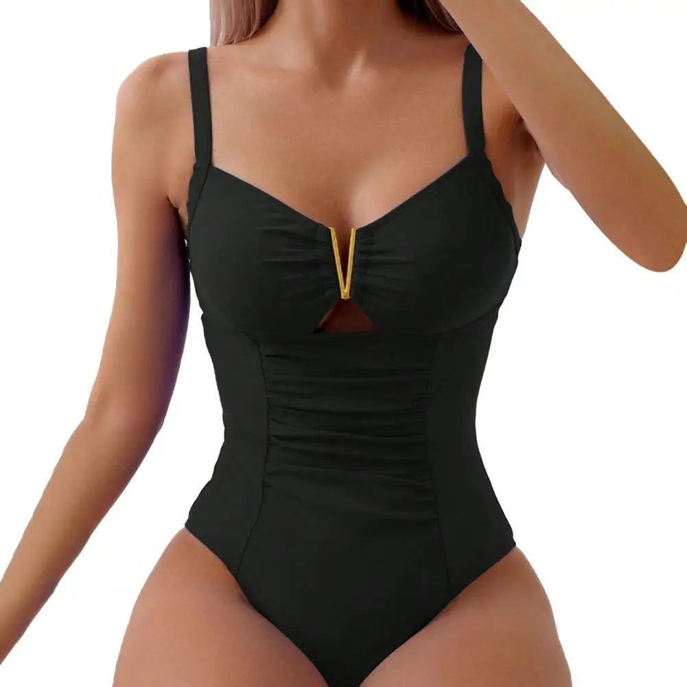 V-neck One-piece Bikini Stylish V-neck One-piece Swimsuit for Women Pleated Monokini Beachwear with Quick-drying Fabric Solid - Sun Studio