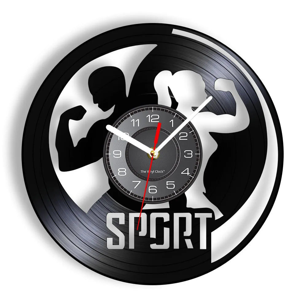 Fitness Equipment Theme Vinyl Record Fitness Wall Clock Home Decoration LED Backlight Modern Fitness Watch - Sun Studio