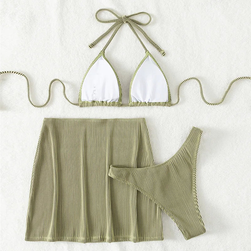3 Pieces Ribbed Bikinis 2026 Halter Triangle Swimsuit & Skirt Swimwear Women Bathers Bathing Swimming Swim Suit Female Beachwear - Sun Studio