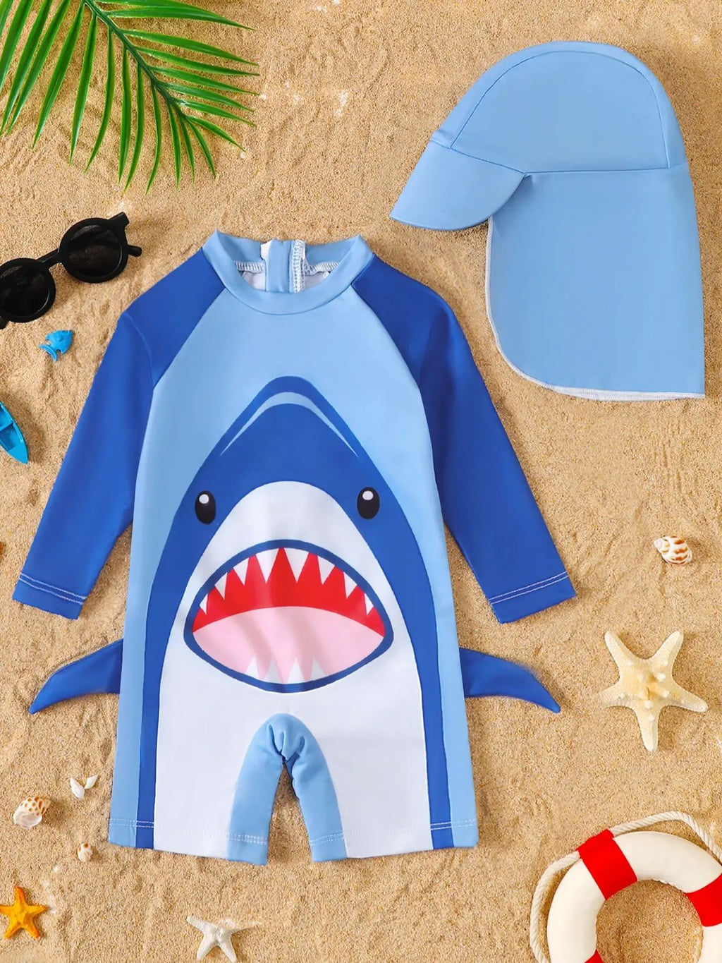 Baby Boy Summer Shark Print Long Sleeve Onesie Swimsuit with Hat Infant Swimwear Cover-up Clothing Accessory - Sun Studio