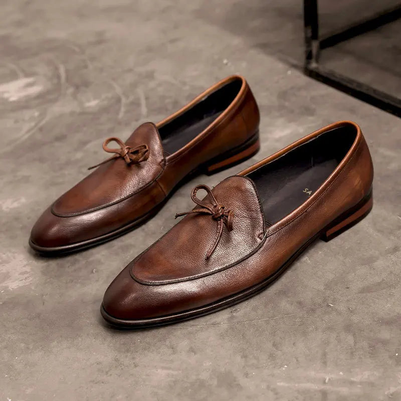 Genuine Leather Men Loafers Handmade Square Toe Butterfly-knot  Solid Handmade  Zapatos De Vestir Hombre - Sun Studio