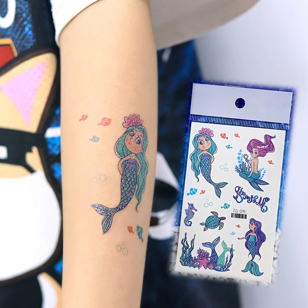 12 Sheets Glitter Mermaid Tattoo Stickers For Kids Cute Unicorn Temporary Tattoos Body Art Fake Tattoo Birthday Party Favors - Sun Studio