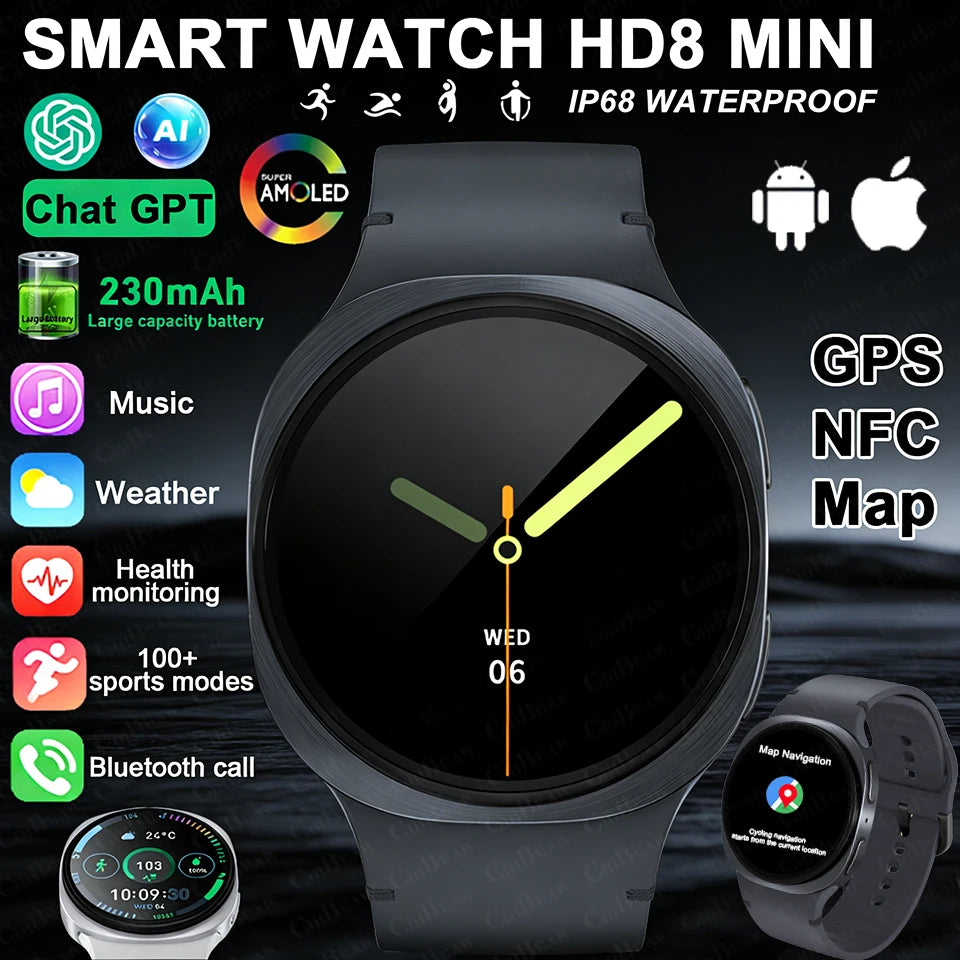 2026 New Watches 8 Mini GPS Track Smart Watch For Men Women Health Sports AMOLED Heart Rate Bluetooth Call Waterproof Smartwatch - Sun Studio