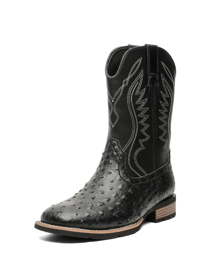 Men's Classic Retro Western Cowboy Boots Embossed Leather Mens Fashion Embroidery Mid-Calf Boot High top Casual Shoes for Men - Sun Studio