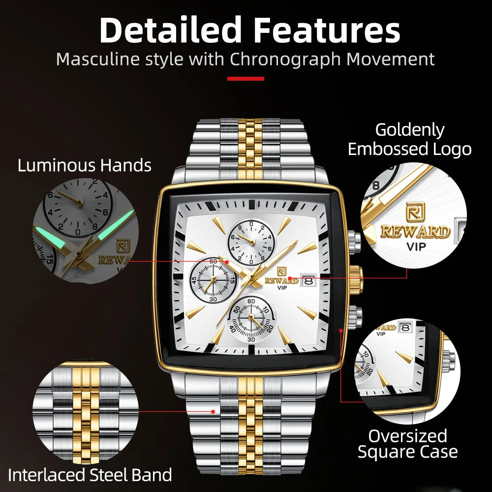 REWARD Fashion Square Dial Watch for Men Stainless Steel Waterproof Quartz Chronograph Mens Watches Luxury Sport Male Clock - Sun Studio