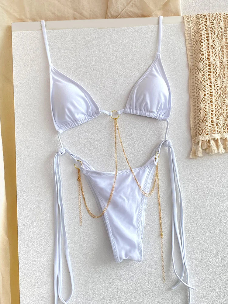 Sexy Triangle Chains Bikini Sets Micro Thongs Swimsuit Women Bathing Suit Biquini Bandage Beachwear Print Swimwear Thong Bikini - Sun Studio