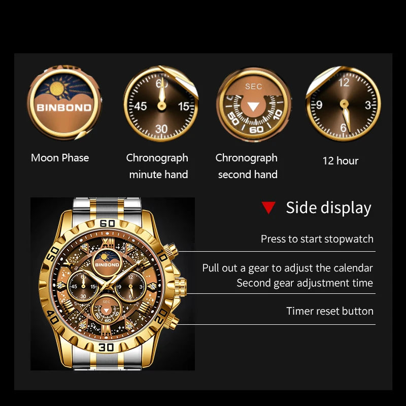 BINBOND Luxury Fashion Men Watches Multi-functional Stainless Steel Original Quartz Wristwatch Moon Phase Chronograph Waterproof - Sun Studio